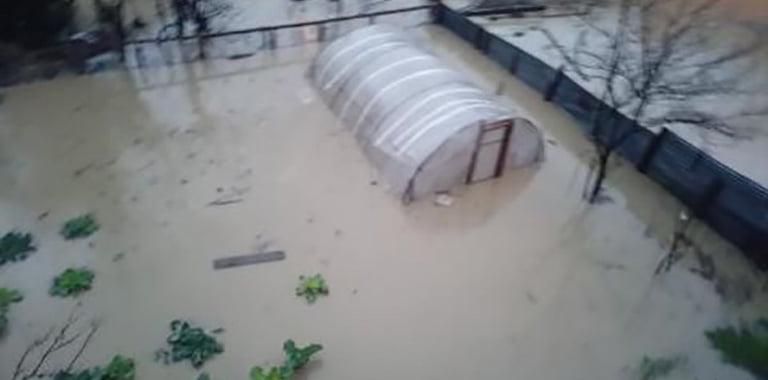 Karabük’ün Yenice ilçesinde etkili olan sağanak yağmur sonrası su seviyesinin yükseldiği derenin yanındaki bahçe ve sera sular altında kaldı.