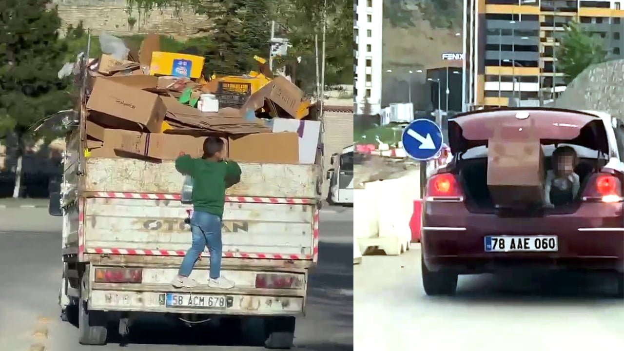 Karabük’te otomobilin açık bagajında, motosikletin arkasında ve kamyonetin kasasında tehlikeli yolculuk yapan çocuklar cep telefonu kamerasıyla görüntülendi.