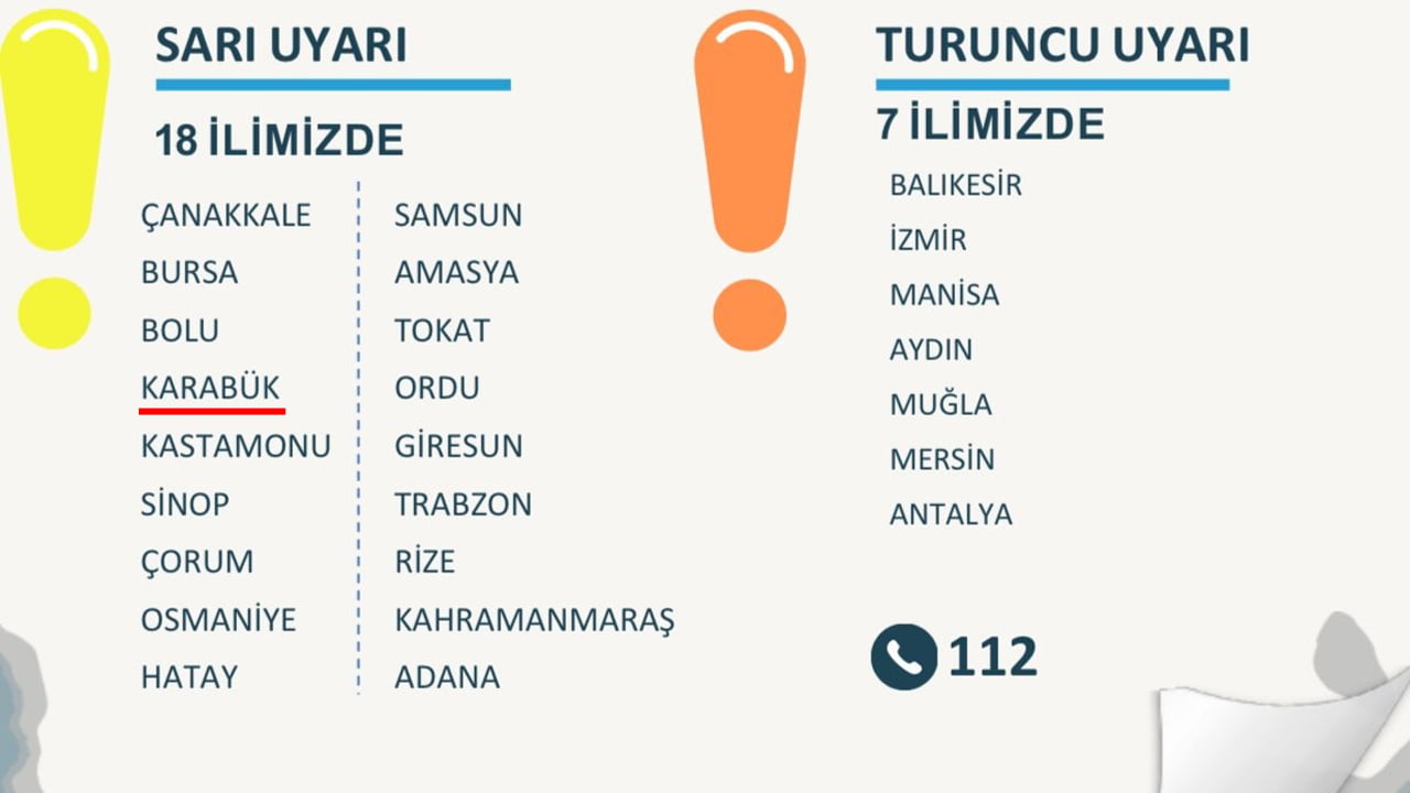 İçişleri Bakanı Ali Yerlikaya, şiddetli yağış beklenen 7 il için turuncu kodlu, aralarında Karabük’ün de olduğu 18 il için ise sarı kodlu uyarıda bulundu.