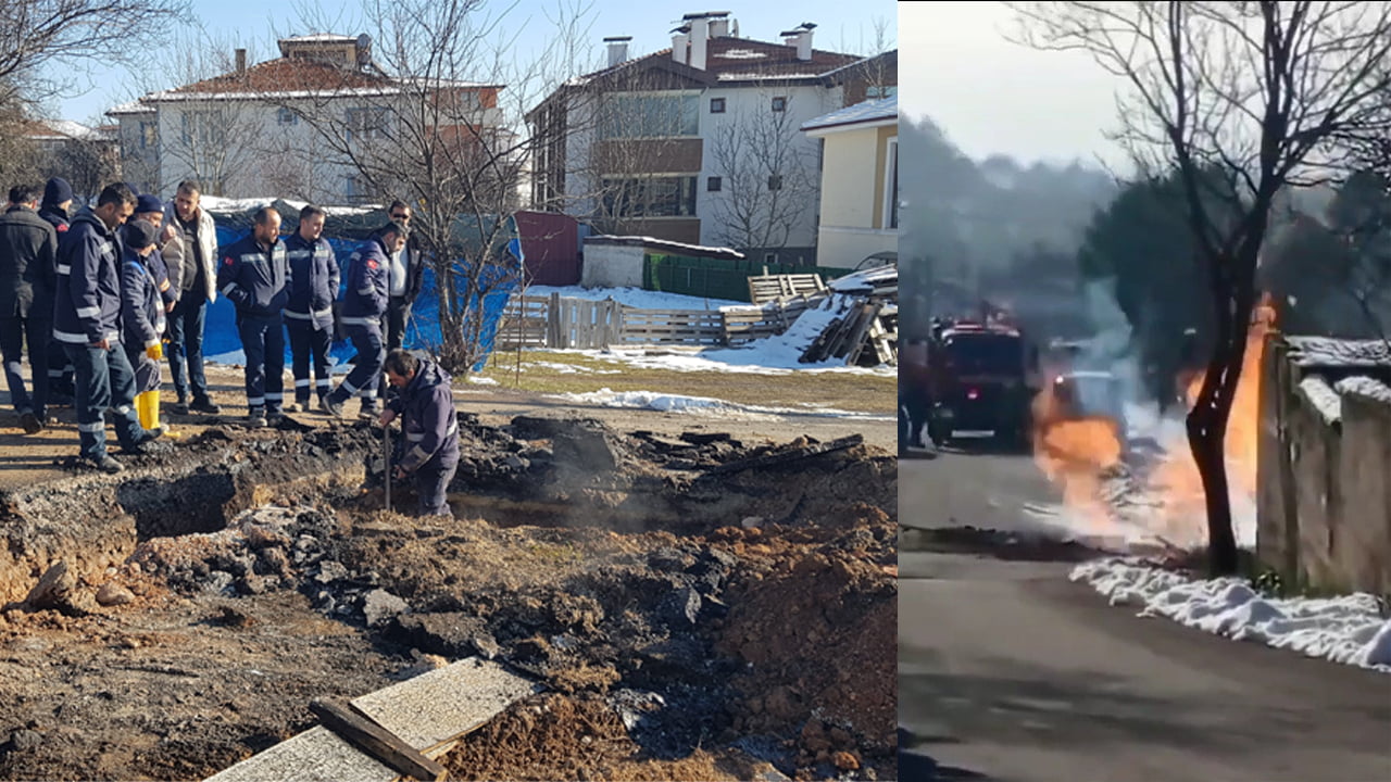 Karabük'ün Safranbolu ilçesinde belediye ekiplerinin kazı çalışmaları sırasında patlayan doğal gaz borusu alev alırken, bir işçinin yüzünde yanık oluştu.