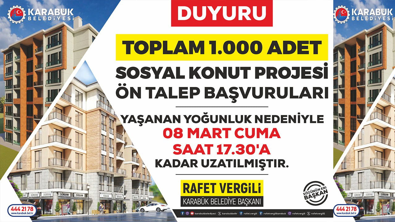 Karabük Belediye Başkanı Rafet Vergili’nin dar gelirli vatandaşlar için hayata geçirdiği bin adetlik sosyal konut projesine başvuru süresi 8 Mart 2024 Cuma gününe kadar uzatıldı. Proje, vatandaşlar tarafından büyük ilgi görüyor.