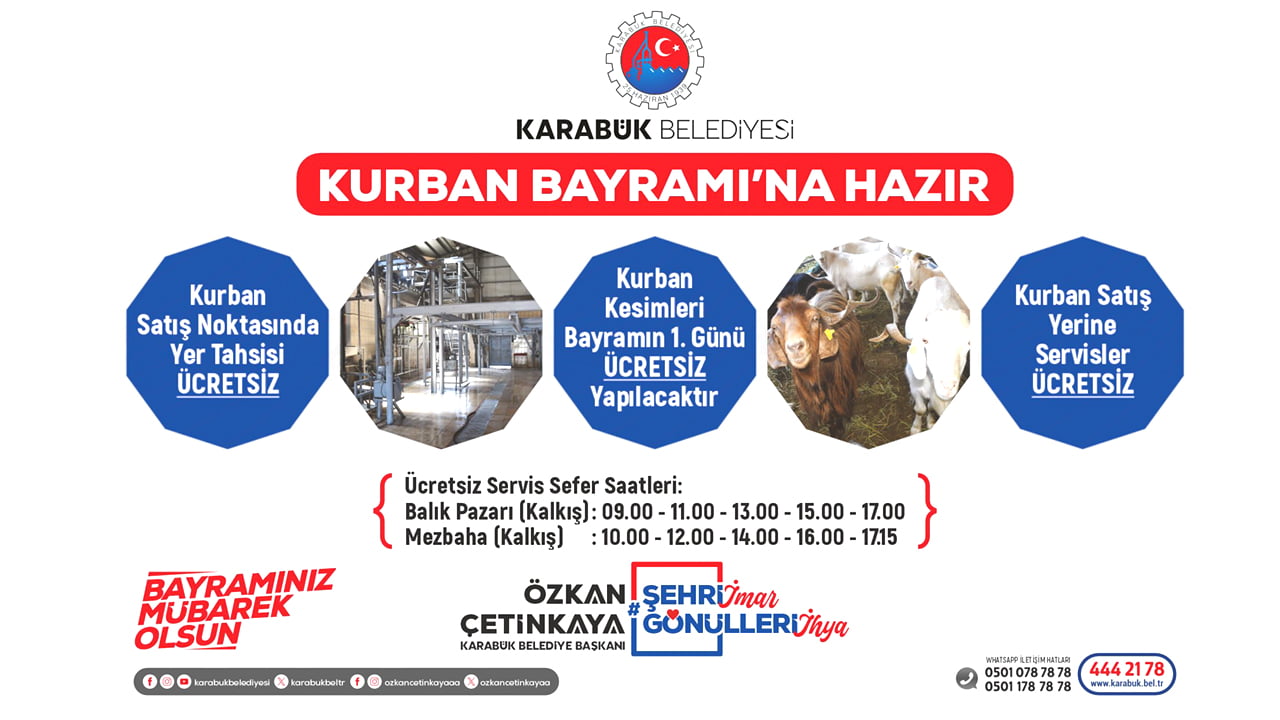 Karabük’te yaklaşan Kurban Bayramı öncesinde kurban satışları, Yenice yolu üzeri Melise Köyü karşısındaki Karabük Belediyesi Mezbaha alanında kurulan kurban satış noktasında yapılacak.