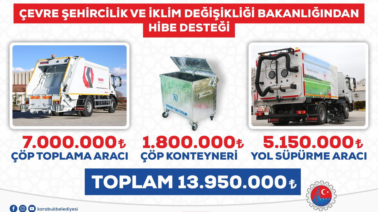 Karabük Belediyesi, Çevre, Şehircilik ve İklim Değişikliği Bakanlığı'ndan alınan hibe ile toplam değeri 13 milyon 950 bin TL olan yeni temizlik araçlarını ve ekipmanlarını belediye bünyesine kazandıracak.