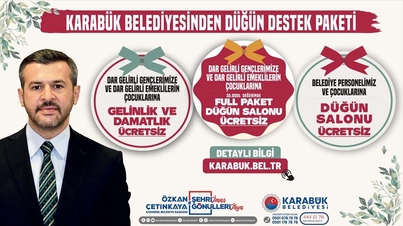 Karabük Belediyesi Kanyon Düğün Salonu; her türlü düğün, nişan, sünnet organizasyonları için hafta içi, hafta sonu, gece, gündüz deneyimli ve güler yüzlü personeli ile hizmet vermeye devam ediyor.