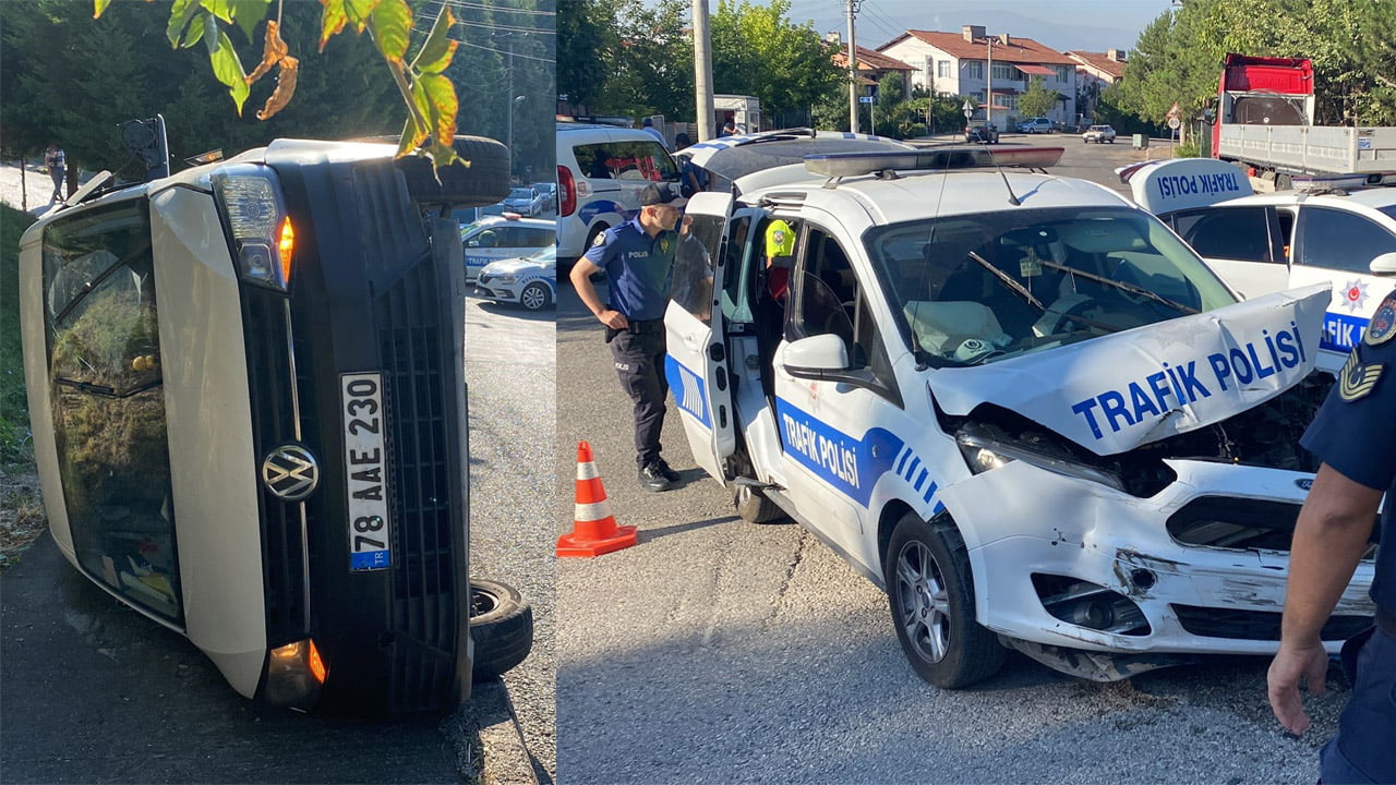 Karabük'te polis otosuyla çarpıştıktan sonra devrilen hafif ticari aracın sürücüsü yaralandı.