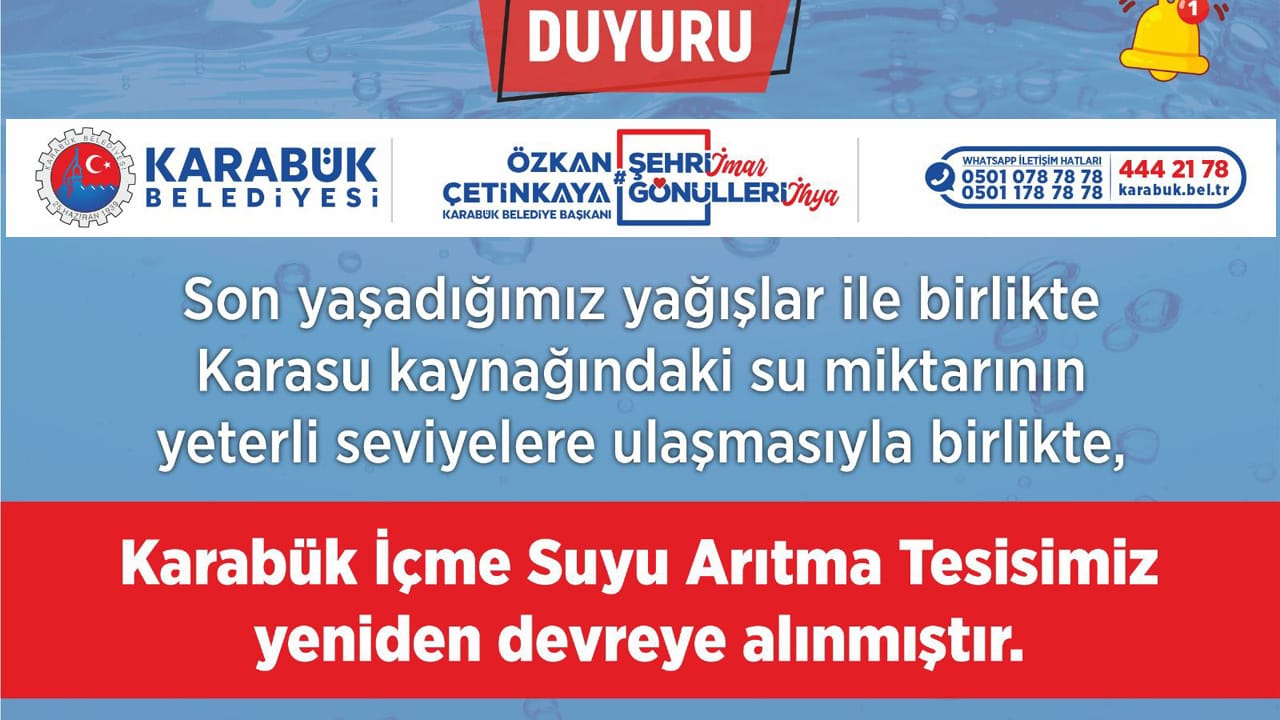 Karabük Belediyesi, yaşanan yoğun kuraklık nedeniyle bir süre devre dışı kalan Karabük İçme Suyu Arıtma Tesisi’nin, son yağışların ardından yeniden devreye alındığını duyurdu.