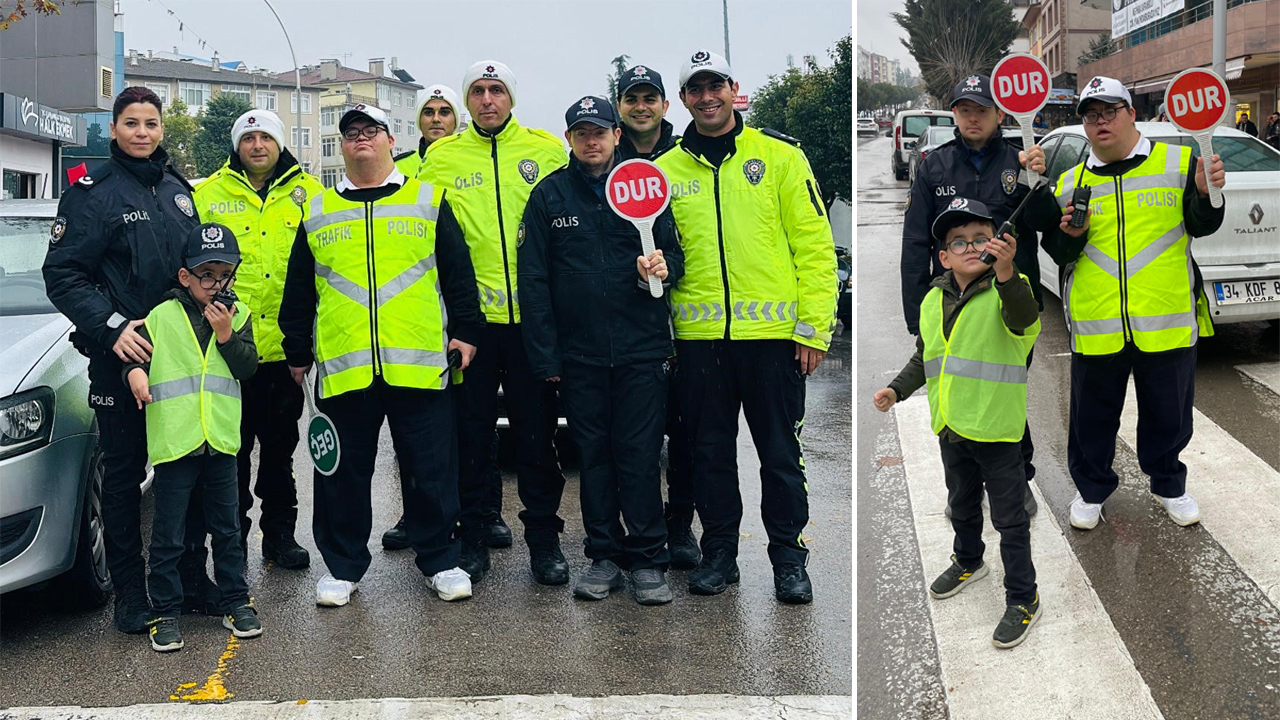 Karabük'ün Safranbolu ilçesinde engelli bireyler trafik polisi elbiseleriyle temsili trafik denetimi gerçekleştirdi.