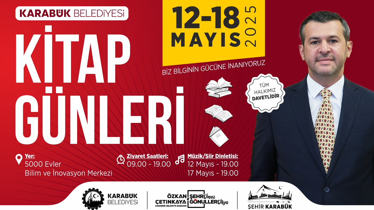 Karabük Belediyesi, kültür ve sanat alanındaki çalışmalarına bir yenisini ekliyor. 12–18 Mayıs 2025 tarihleri arasında bu yıl ilk kez düzenlenecek Karabük Kitap Günleri, 5000 Evler Bilim Merkezi’nde kapılarını açacak. Etkinlik, yazarlar, şairler ve kitapseverleri bir araya getirecek.