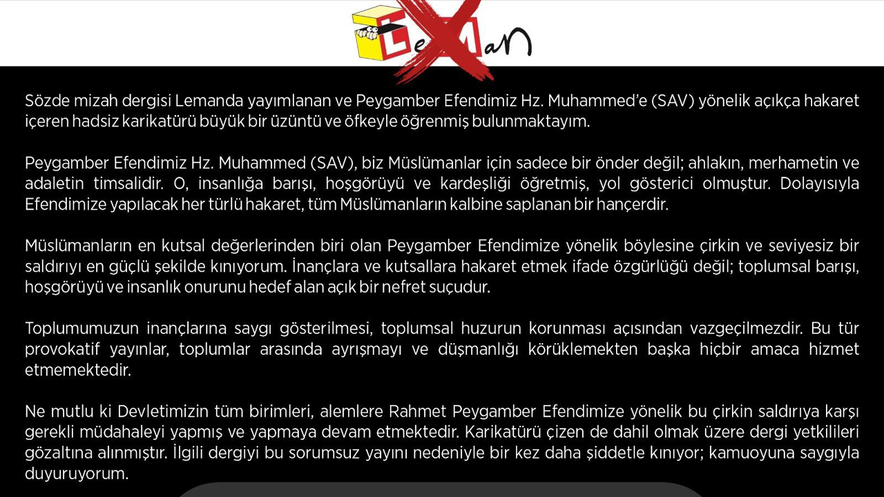 Karabük Belediye Başkanı Özkan Çetinkaya, mizah dergisi adı altında yayımlanan bir karikatürde Hazreti Muhammed’e yönelik hakaret içeren ifadelerin yer almasına sert tepki gösterdi.