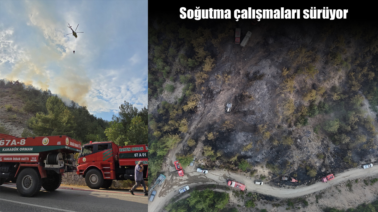 Karabük'te çıkan orman yangını ekiplerin havadan ve karadan müdahalesiyle kontrol altına alındı, soğutma çalışmaları sürüyor.