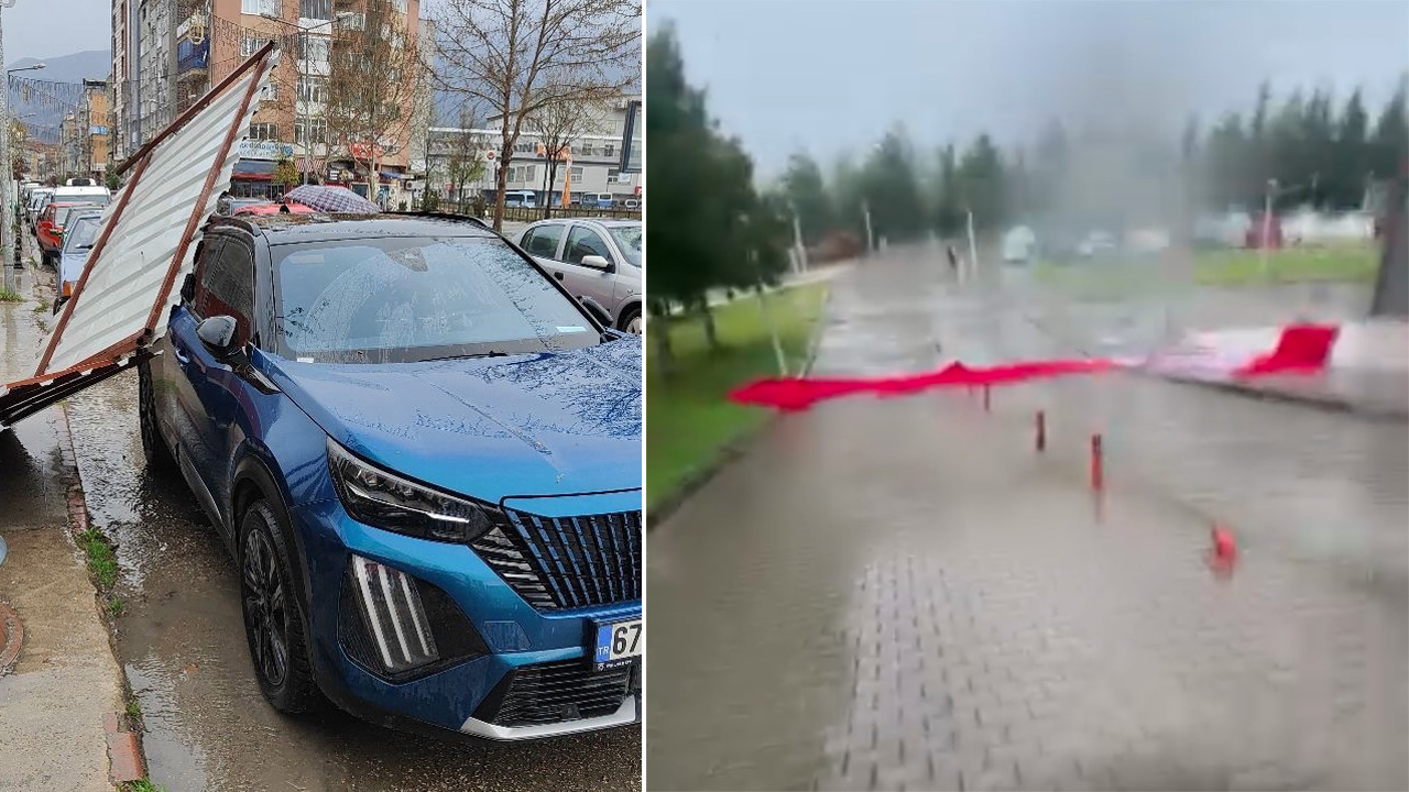 FIRTINANIN ETKİSİYLE YAPIDAN KOPAN PARÇA ARACA ZARAR VERDİ